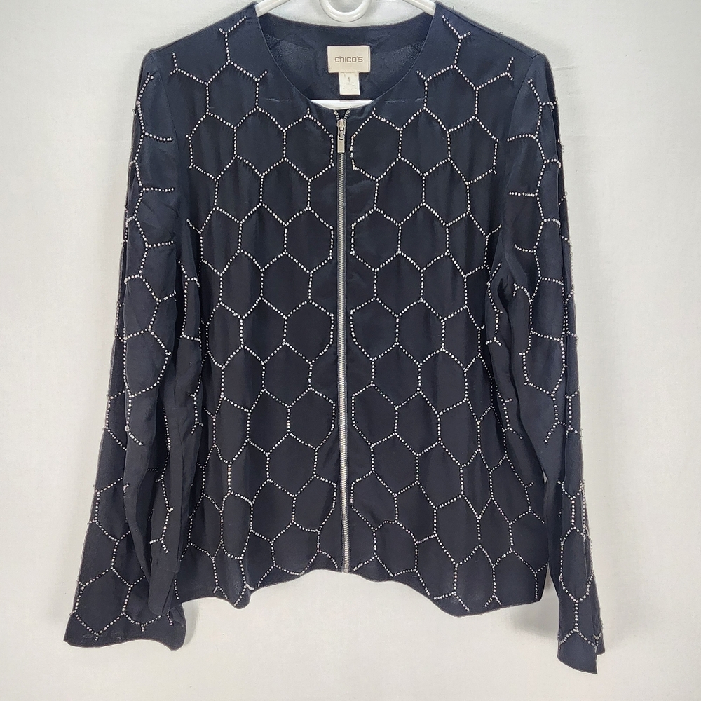Chico's Black Geometric Patterned Beaded Women's Top Size‎ M